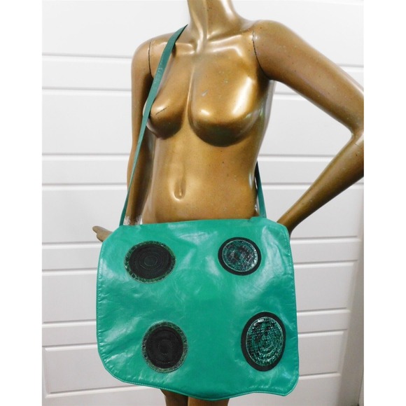 Carlos Falchi Vintage Green Retro Leather Flap XL Crossbody‎ Bag - Picture 2 of 7